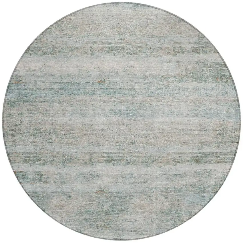 8' Aqua And Silver Round Striped Washable Indoor Outdoor Area Rug Photo 3