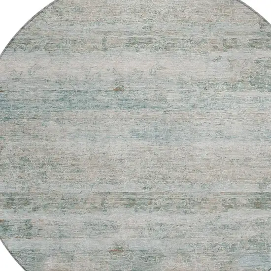 8' Aqua And Silver Round Striped Washable Indoor Outdoor Area Rug Photo 5