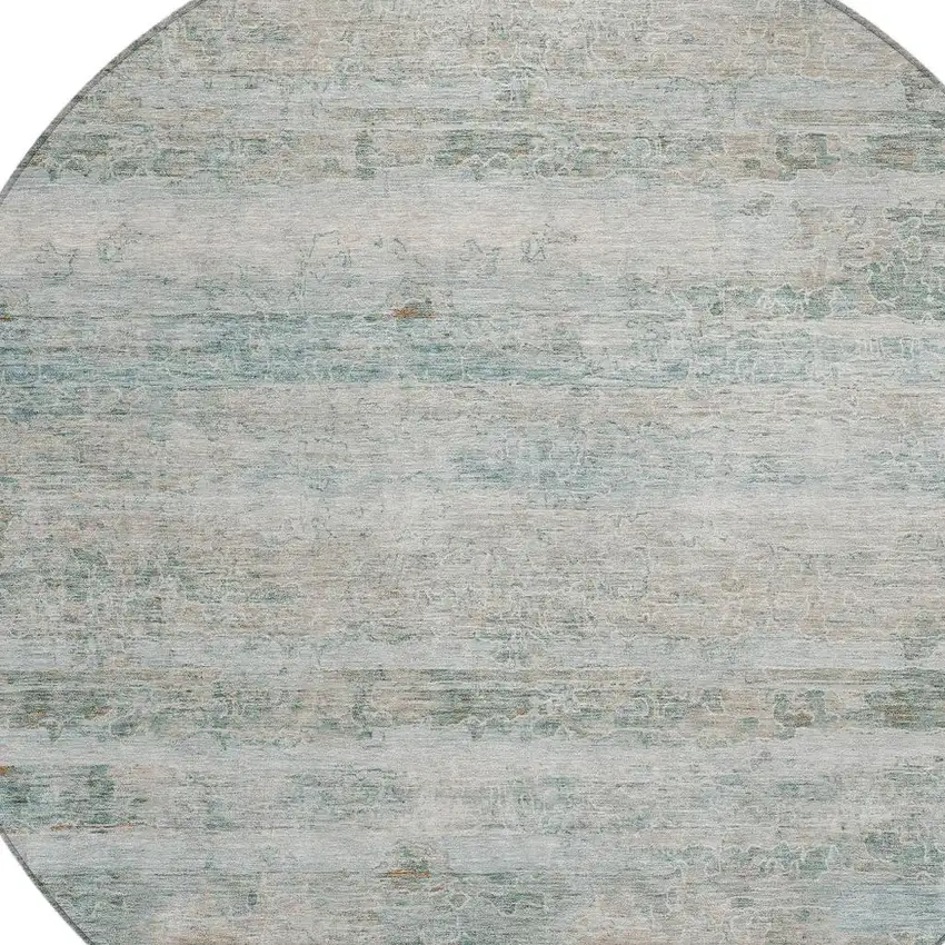 8' Aqua And Silver Round Striped Washable Indoor Outdoor Area Rug Photo 5