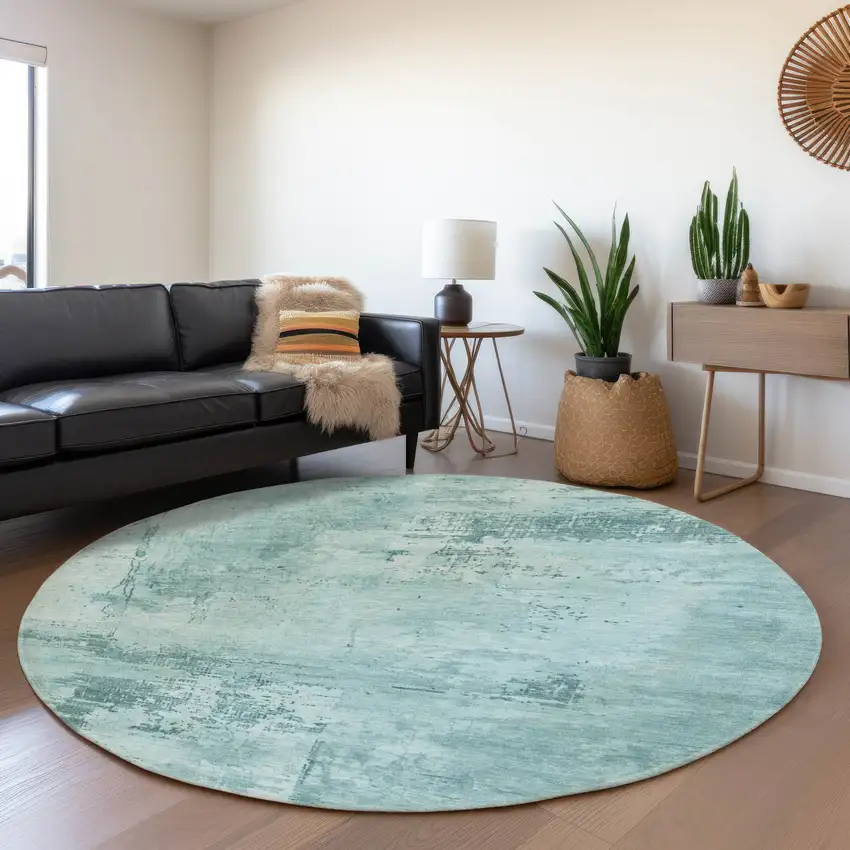 8' Aqua And Sky Blue Abstract Washable Round Rug With UV Protection Photo 4