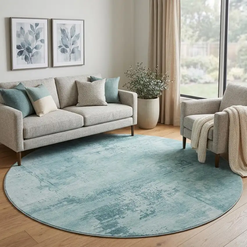8' Aqua And Sky Blue Abstract Washable Round Rug With UV Protection Photo 1