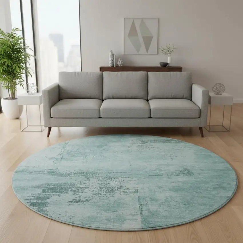 8' Aqua And Sky Blue Abstract Washable Round Rug With UV Protection Photo 2