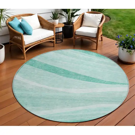 8' Aqua And Sky Blue Round Abstract Washable Indoor Outdoor Area Rug Photo 1