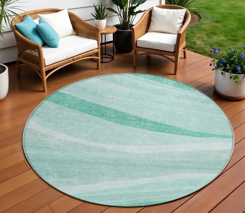 8' Aqua And Sky Blue Round Abstract Washable Indoor Outdoor Area Rug Photo 1