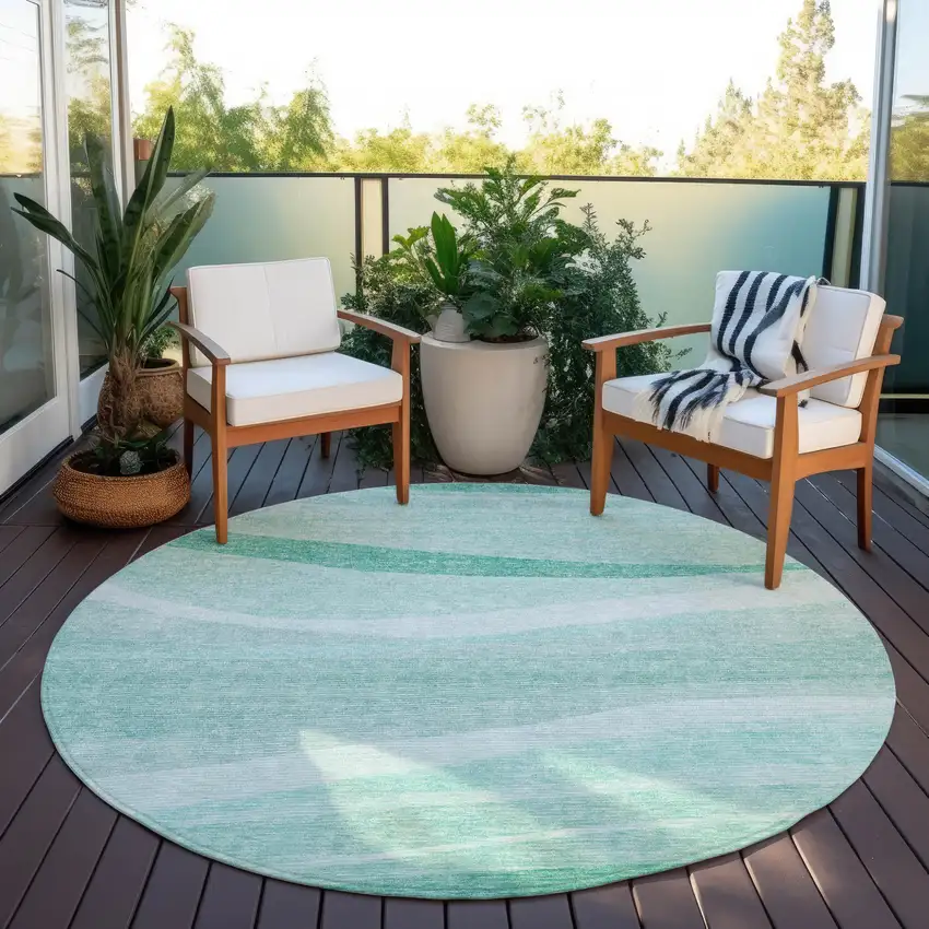 8' Aqua And Sky Blue Round Abstract Washable Indoor Outdoor Area Rug Photo 7