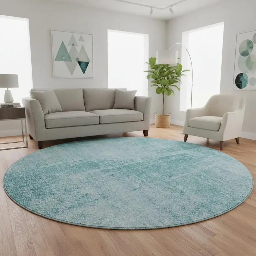 8' Aqua And Teal Abstract Washable Round Rug With UV Protection Photo 2