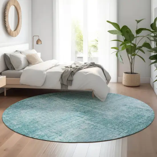 8' Aqua And Teal Abstract Washable Round Rug With UV Protection Photo 5