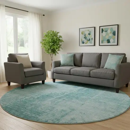 8' Aqua And Teal Abstract Washable Round Rug With UV Protection Photo 1
