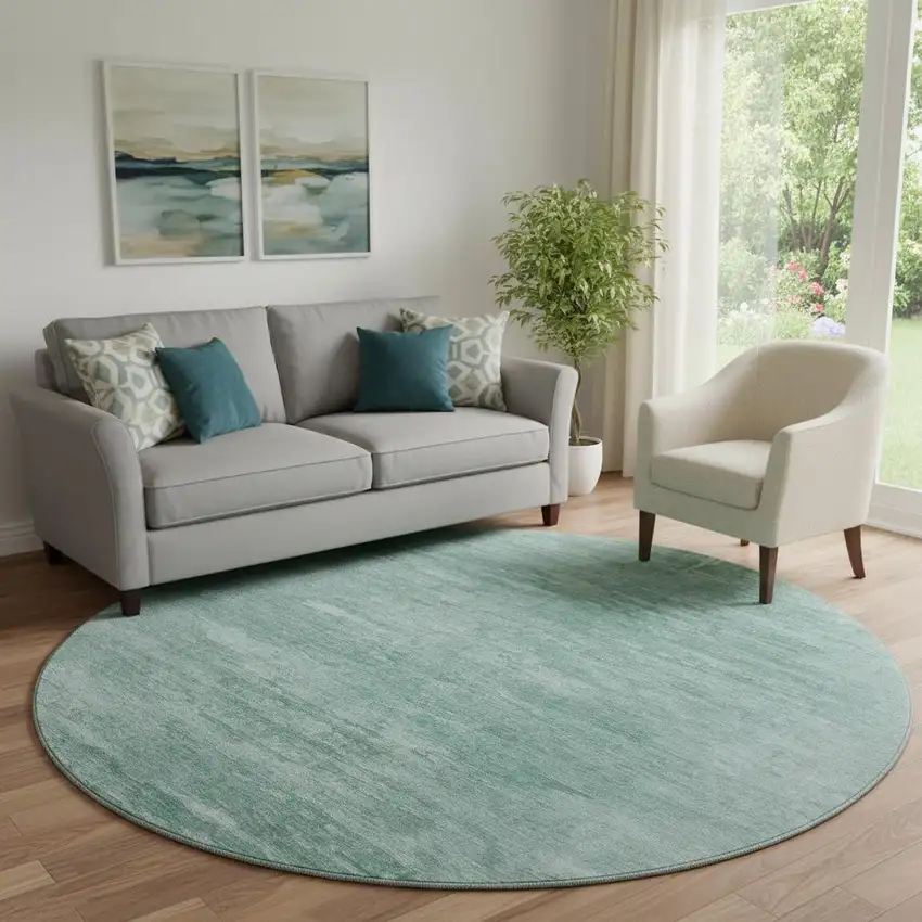 8' Aqua And Teal Abstract Washable Round Rug With UV Protection Photo 1