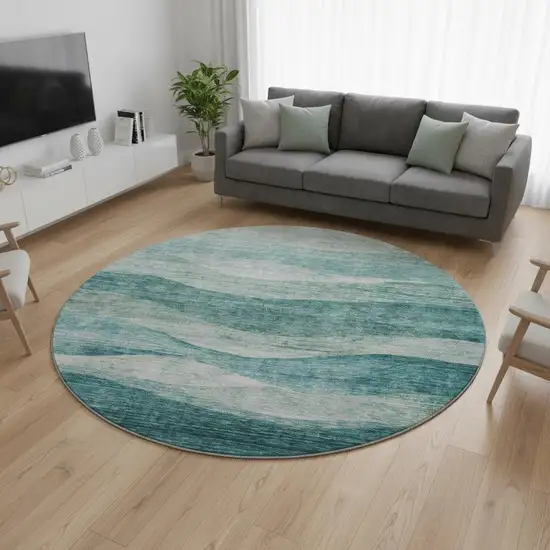 8' Aqua And Teal Abstract Washable Round Rug With UV Protection Photo 2