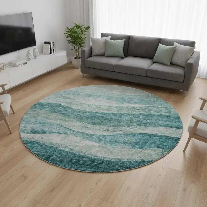 8' Aqua And Teal Abstract Washable Round Rug With UV Protection Photo 2