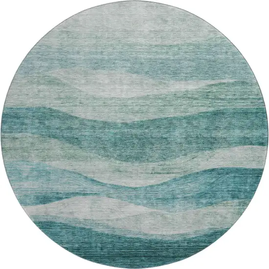 8' Aqua And Teal Abstract Washable Round Rug With UV Protection Photo 1