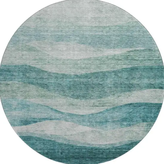 8' Aqua And Teal Abstract Washable Round Rug With UV Protection Photo 3