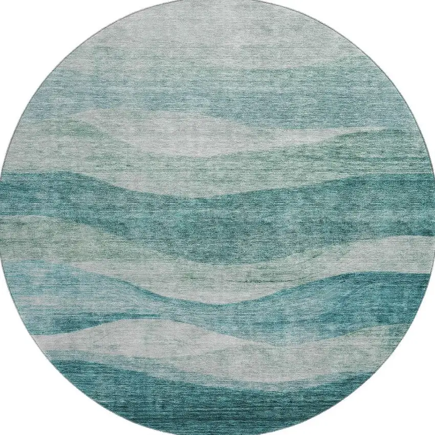8' Aqua And Teal Abstract Washable Round Rug With UV Protection Photo 3