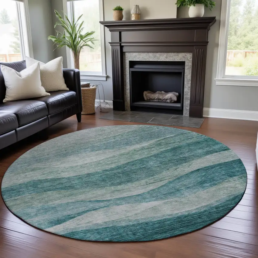 8' Aqua And Teal Abstract Washable Round Rug With UV Protection Photo 4