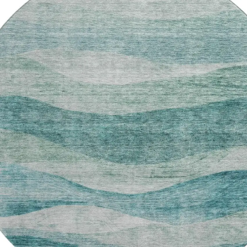 8' Aqua And Teal Abstract Washable Round Rug With UV Protection Photo 2