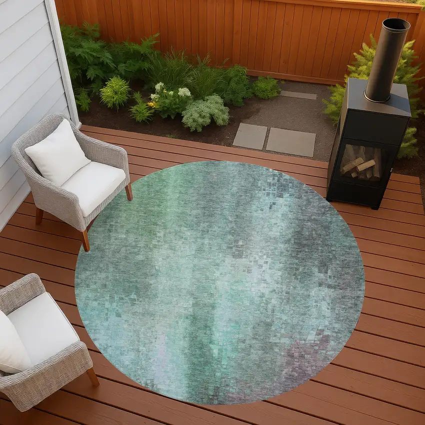 8' Aqua And Teal Blue Round Abstract Washable Indoor Outdoor Area Rug Photo 8
