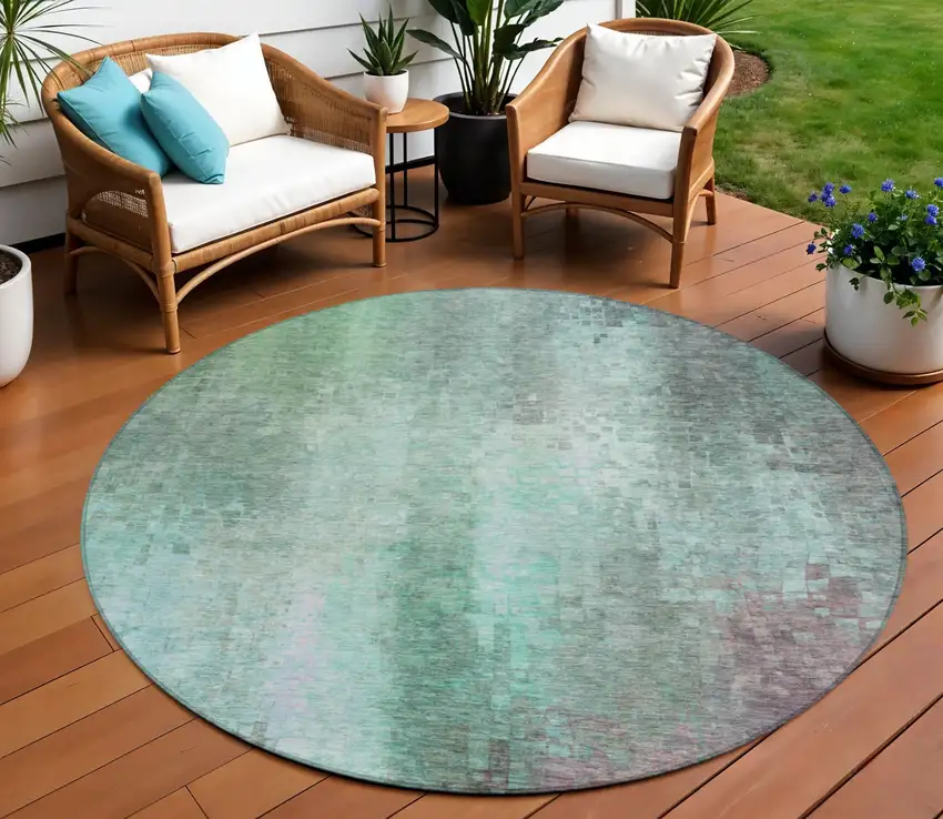 8' Aqua And Teal Blue Round Abstract Washable Indoor Outdoor Area Rug Photo 1