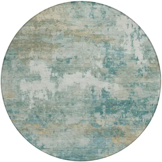 8' Aqua And Teal Blue Round Abstract Washable Indoor Outdoor Area Rug Photo 2