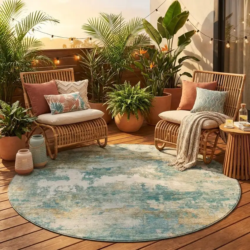 8' Aqua And Teal Blue Round Abstract Washable Indoor Outdoor Area Rug Photo 1