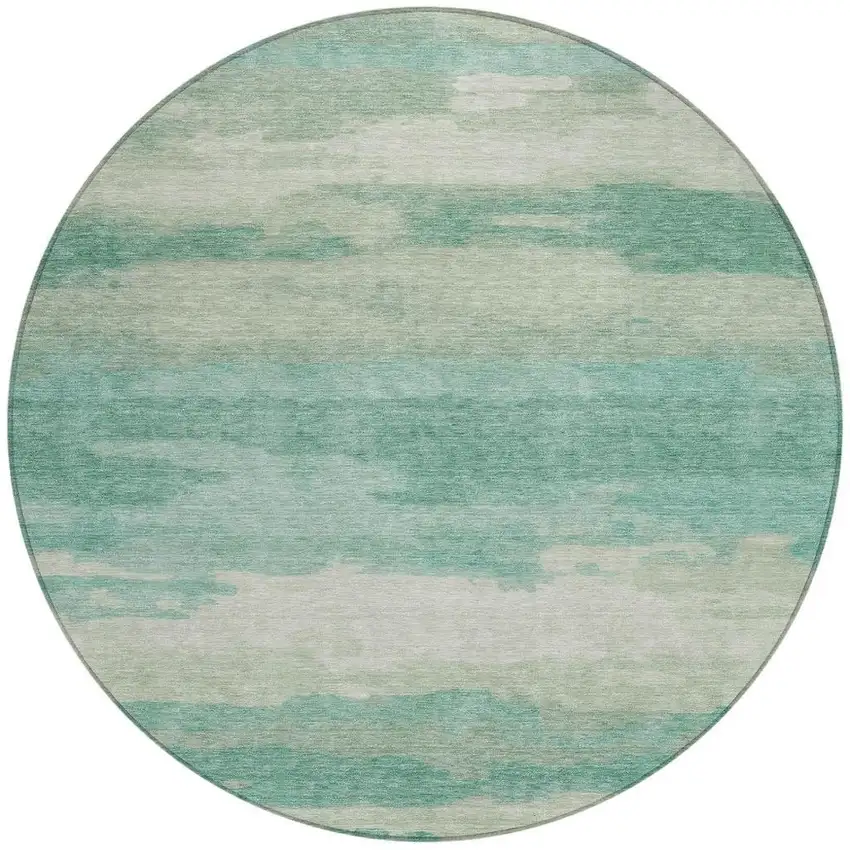 8' Aqua And Teal Blue Round Abstract Washable Indoor Outdoor Area Rug Photo 1