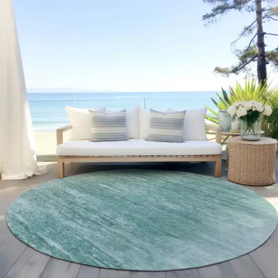 8' Aqua And Teal Blue Round Abstract Washable Indoor Outdoor Area Rug Photo 6