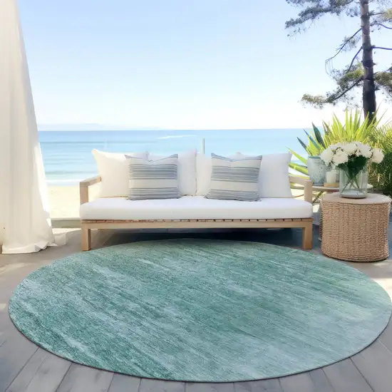 8' Aqua And Teal Blue Round Abstract Washable Indoor Outdoor Area Rug Photo 6