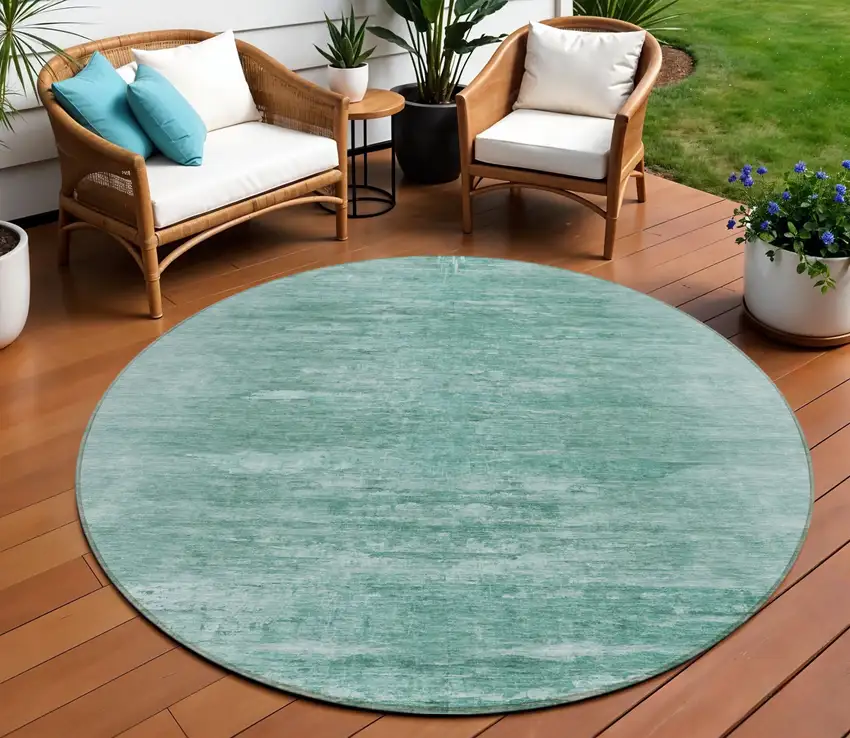8' Aqua And Teal Blue Round Abstract Washable Indoor Outdoor Area Rug Photo 1