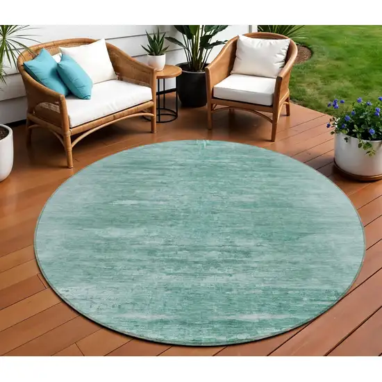 8' Aqua And Teal Blue Round Abstract Washable Indoor Outdoor Area Rug Photo 1