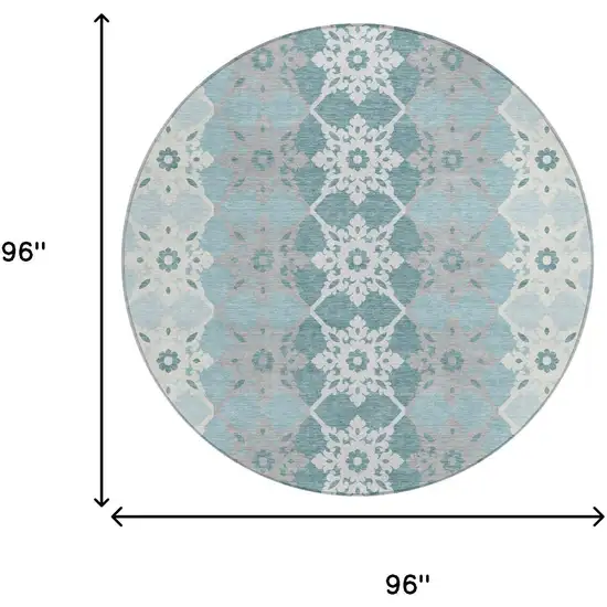 8' Aqua And Teal Blue Round Floral Medallion Washable Indoor Outdoor Area Rug Photo 5