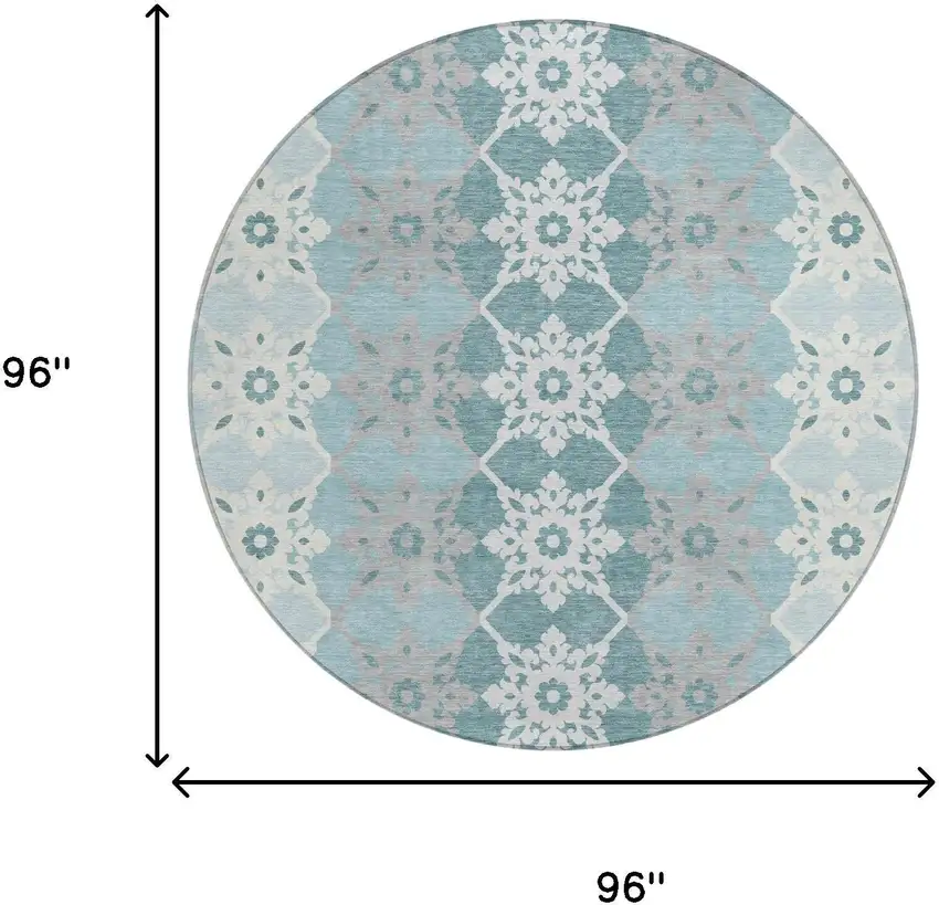 8' Aqua And Teal Blue Round Floral Medallion Washable Indoor Outdoor Area Rug Photo 5