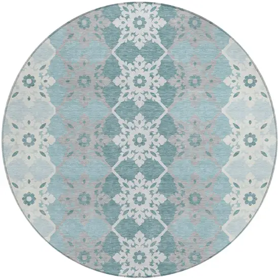 8' Aqua And Teal Blue Round Floral Medallion Washable Indoor Outdoor Area Rug Photo 2