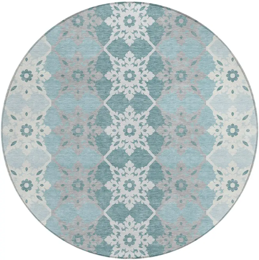 8' Aqua And Teal Blue Round Floral Medallion Washable Indoor Outdoor Area Rug Photo 2