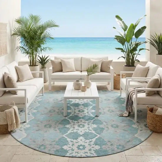 8' Aqua And Teal Blue Round Floral Medallion Washable Indoor Outdoor Area Rug Photo 1