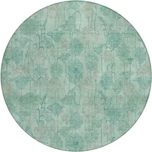 Photo of 8' Aqua And Teal Blue Round Floral Washable Indoor Outdoor Area Rug