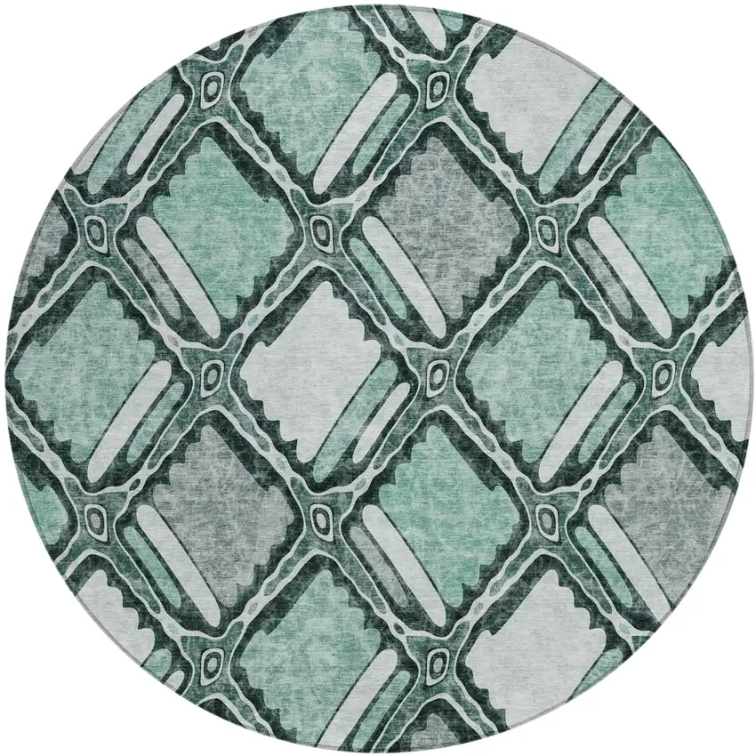 8' Aqua And Teal Blue Round Geometric Washable Indoor Outdoor Area Rug Photo 2