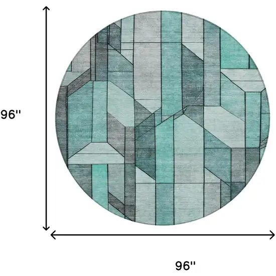 8' Aqua And Teal Blue Round Geometric Washable Indoor Outdoor Area Rug Photo 7