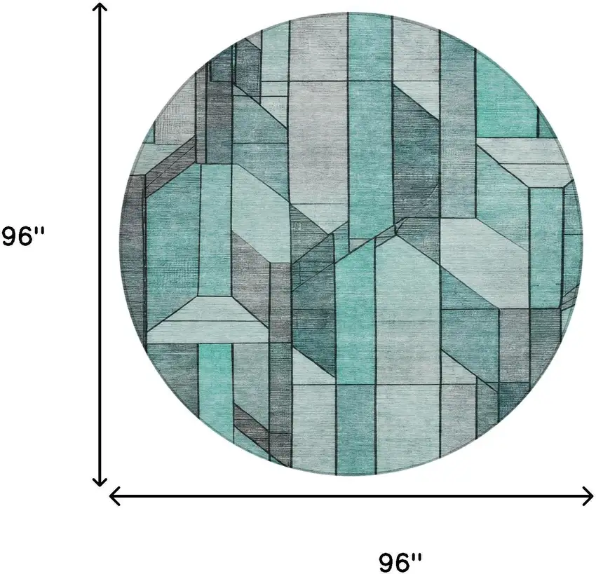 8' Aqua And Teal Blue Round Geometric Washable Indoor Outdoor Area Rug Photo 7