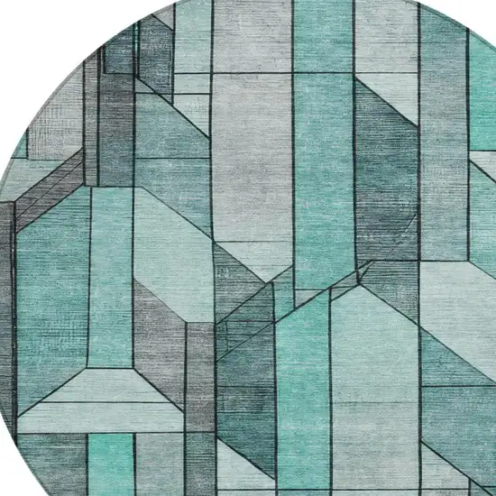8' Aqua And Teal Blue Round Geometric Washable Indoor Outdoor Area Rug Photo 4