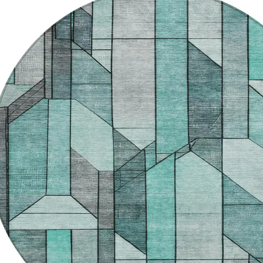 8' Aqua And Teal Blue Round Geometric Washable Indoor Outdoor Area Rug Photo 4