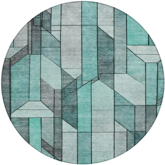 8' Aqua And Teal Blue Round Geometric Washable Indoor Outdoor Area Rug Photo 1