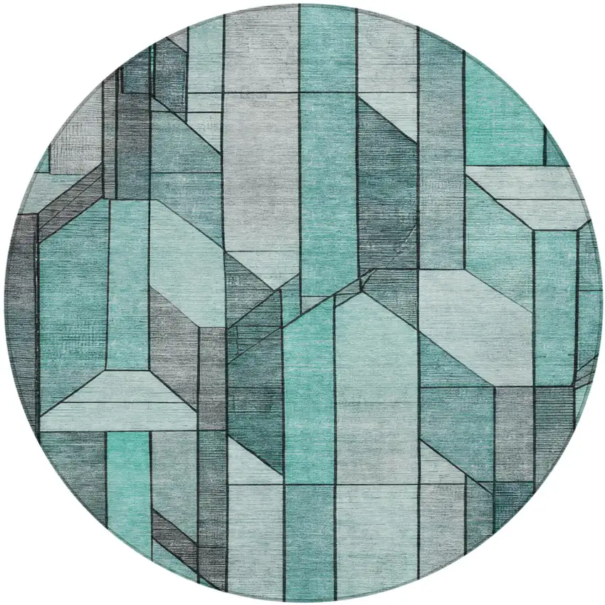 8' Aqua And Teal Blue Round Geometric Washable Indoor Outdoor Area Rug Photo 1