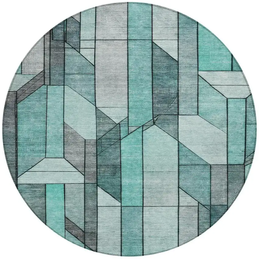 8' Aqua And Teal Blue Round Geometric Washable Indoor Outdoor Area Rug Photo 2