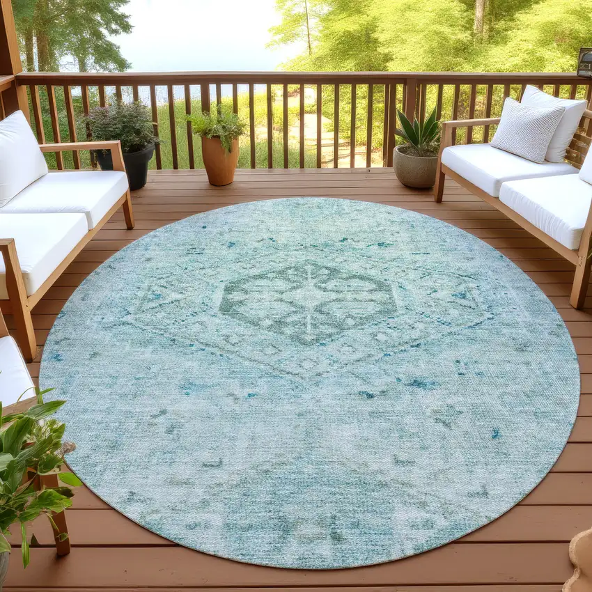 8' Aqua And Teal Blue Round Medallion Washable Indoor Outdoor Area Rug Photo 4