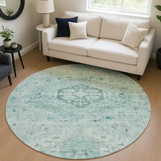 8' Aqua And Teal Blue Round Medallion Washable Indoor Outdoor Area Rug Photo 5
