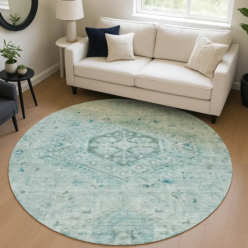 8' Aqua And Teal Blue Round Medallion Washable Indoor Outdoor Area Rug Photo 5