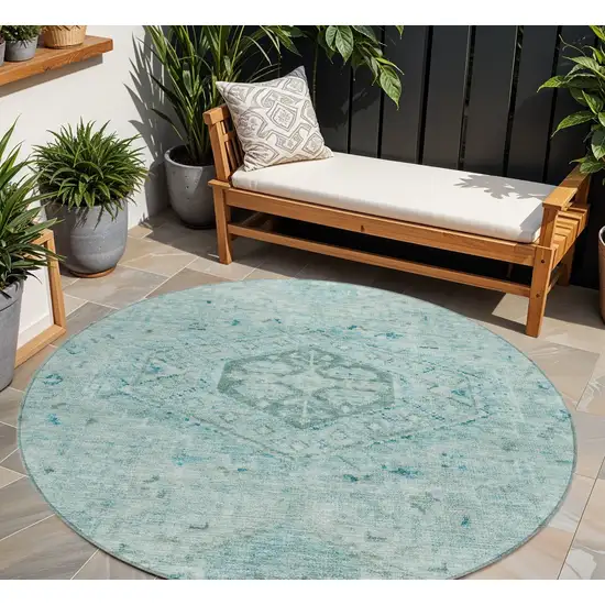 8' Aqua And Teal Blue Round Medallion Washable Indoor Outdoor Area Rug Photo 1
