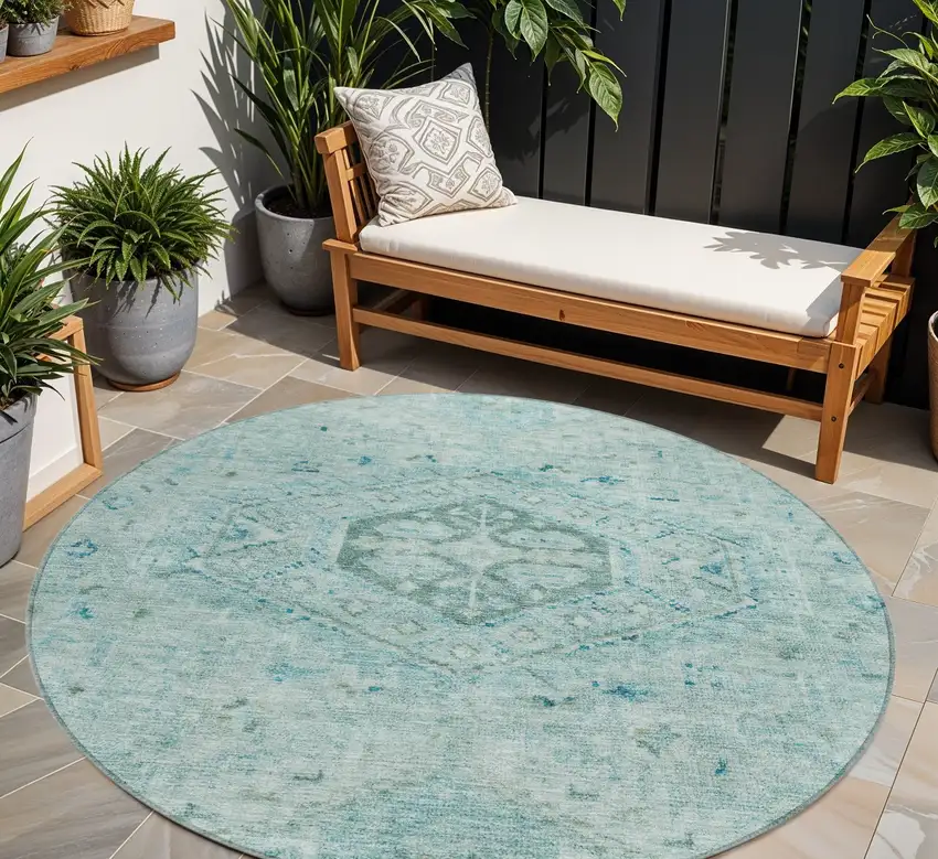 8' Aqua And Teal Blue Round Medallion Washable Indoor Outdoor Area Rug Photo 1