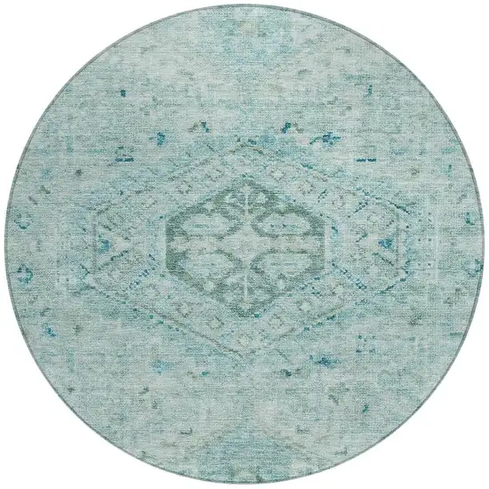 8' Aqua And Teal Blue Round Medallion Washable Indoor Outdoor Area Rug Photo 2