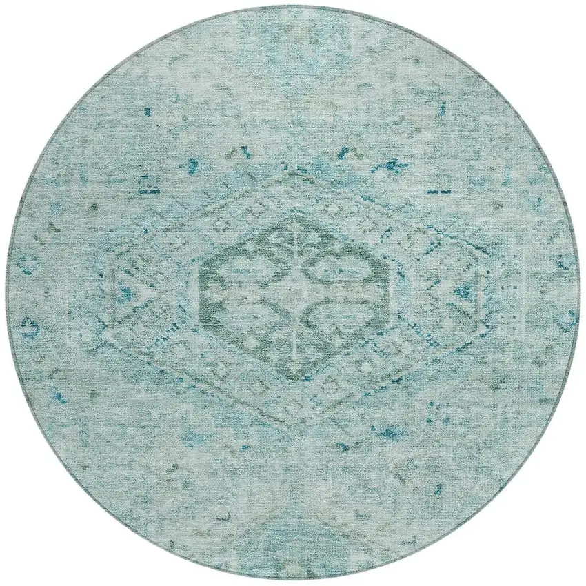 8' Aqua And Teal Blue Round Medallion Washable Indoor Outdoor Area Rug Photo 2